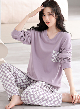 清仓睡衣女春秋款长袖纯棉可外穿2024新款紫色全棉秋季条纹家居服