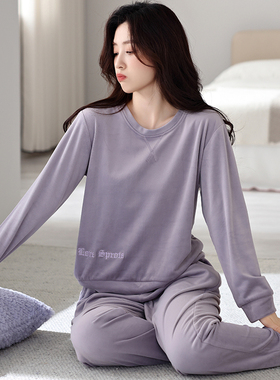 珊瑚绒睡衣女秋冬季加厚加绒新款2024可外穿套头海岛绒紫色家居服