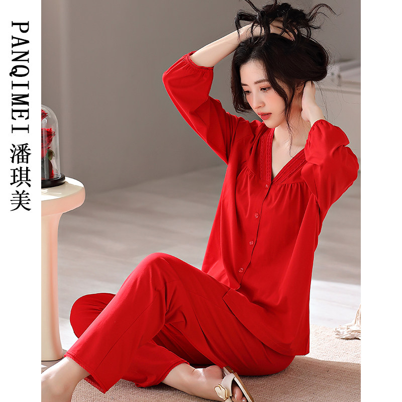 莱卡棉红色睡衣女长袖纯棉秋季本命年新款喜庆春秋无领收口家居服