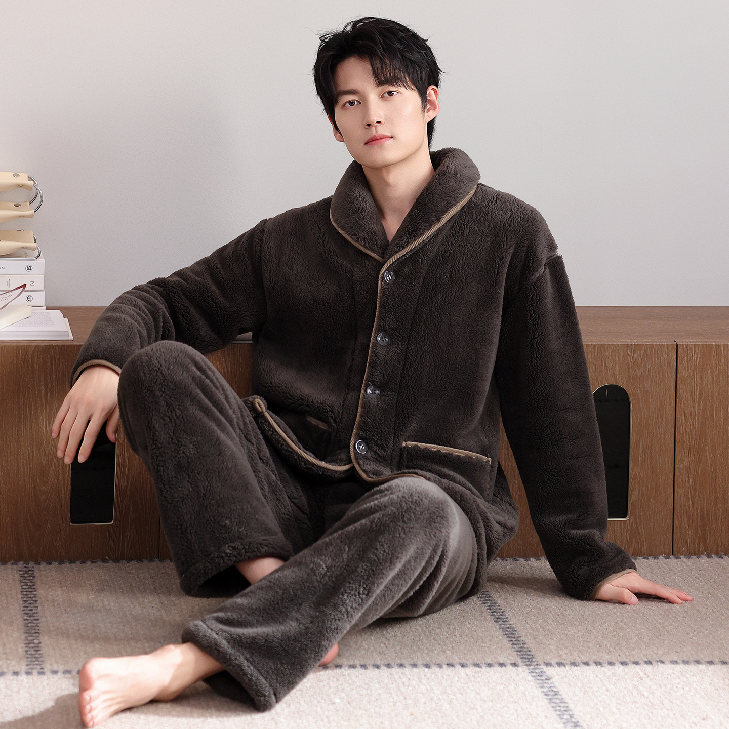 睡衣男冬季珊瑚绒加厚加绒保暖男款秋冬款法兰绒高级感家居服开衫