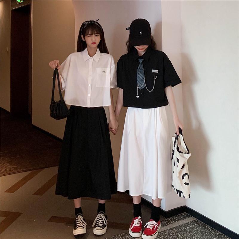 女童夏季新款套装中学生2025韩版宽松短袖衬衫闺蜜装半身裙两件套