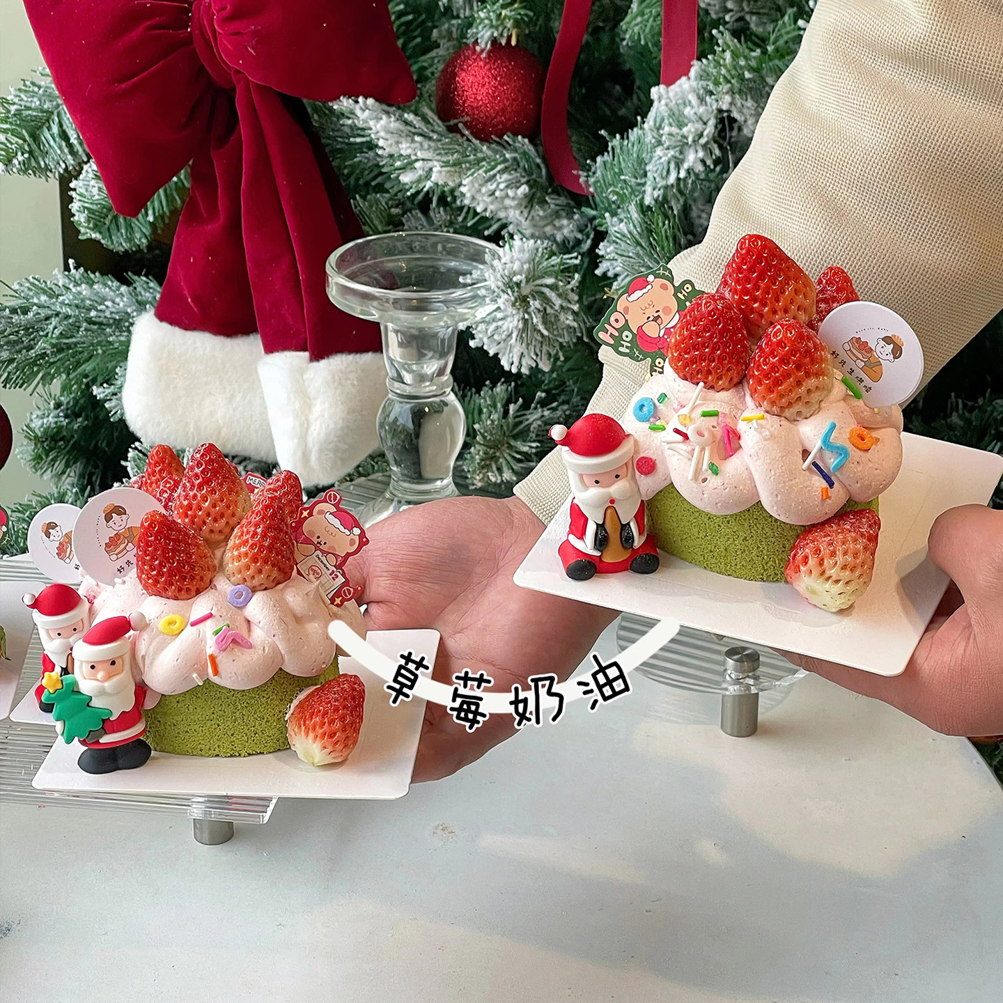 2025圣诞节主题抹茶奶油草莓蛋糕