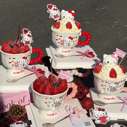2025圣诞节hellokitty奶油草莓杯蛋糕装饰kt猫陶瓷杯甜品蛋糕杯