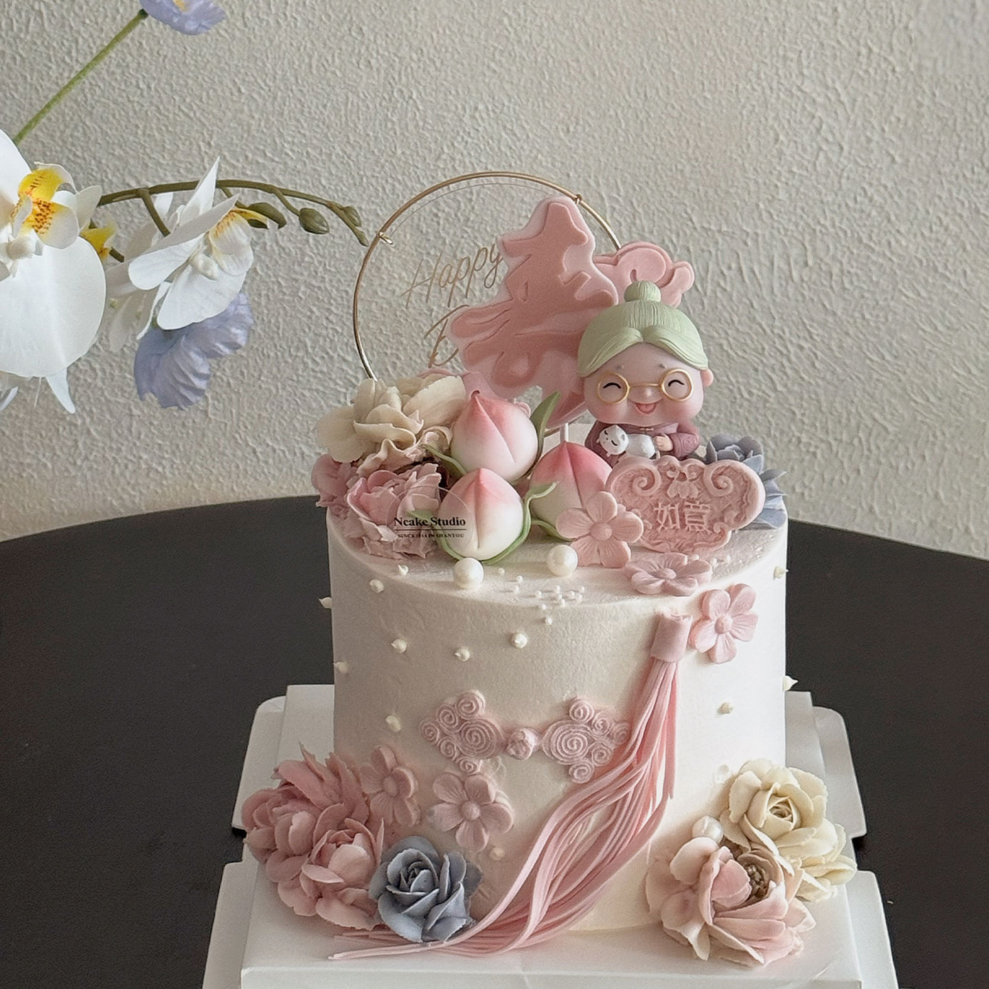 新中式粉色长辈祝贺蛋糕装饰