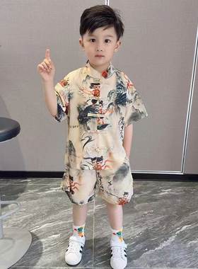 哪吒儿童2026新款夏季(有口袋)套装男童汉服夏装中式短袖唐装