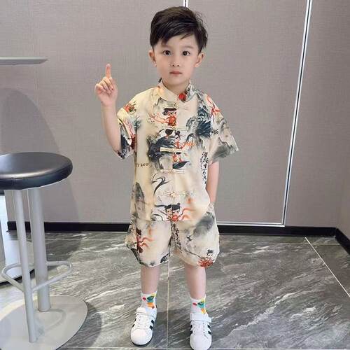 哪吒儿童2026新款夏季(无口袋)套装男童汉服夏装中式短袖唐装