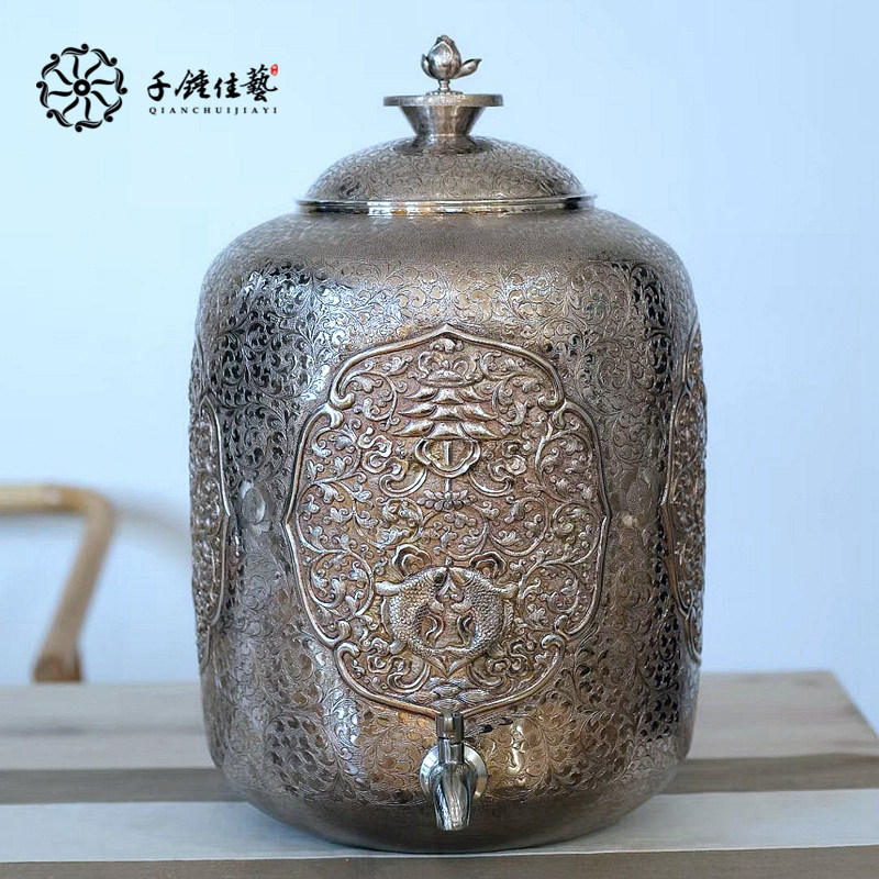 千锤佳艺纯银999银水缸足银纯手工储水器藏八宝银酒缸家用雪花银