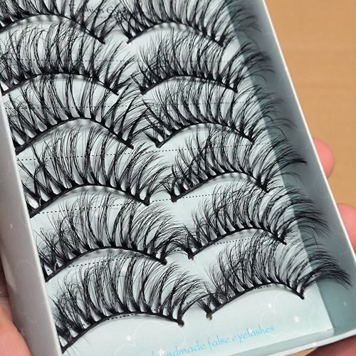 Dingsen假睫毛前短后长交叉纤长卷翘黑梗手工胶水款粘胶眼睫毛