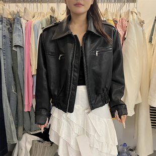 PLNH2026春季新款韩版时尚设计宽松显瘦翻领蛋白皮短款皮衣外套女