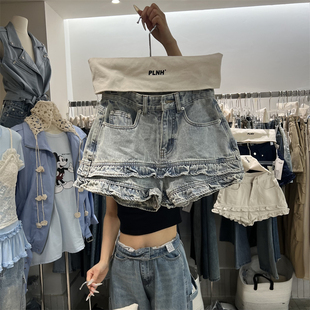 PLNH2025夏季新款韩版时尚设计感高腰宽松显瘦木耳边百搭牛仔短裤
