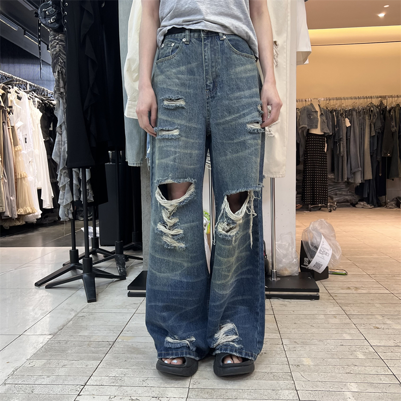 PLNH2025秋季新款时尚设计感宽松显瘦复古破洞直筒阔腿牛仔裤现货