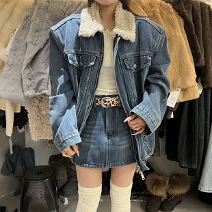 PLNH时尚套装2025冬季新款羊羔毛加绒牛仔外套+牛仔短裙两件套女