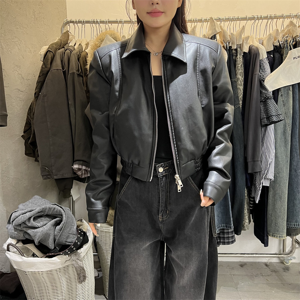 PLNH2025冬季新款港风设计感宽松显瘦气质翻领短款羽绒服皮衣外套