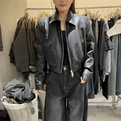 PLNH2025冬季新款港风设计感宽松显瘦气质翻领短款羽绒服皮衣外套