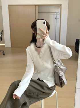 ONE TIME2025冬季新款韩版时尚设计感氛围感兔毛领V领交叉针织衫