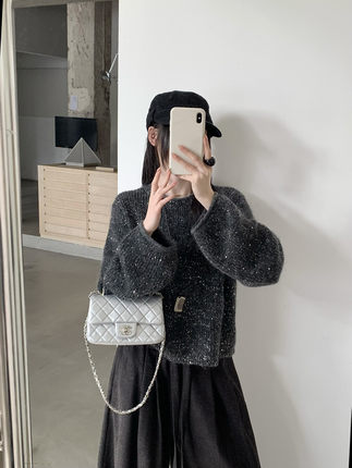 ONE TIME2025冬季新款慵懒风宽松显瘦圆领珠片保暖羊毛马海毛毛衣