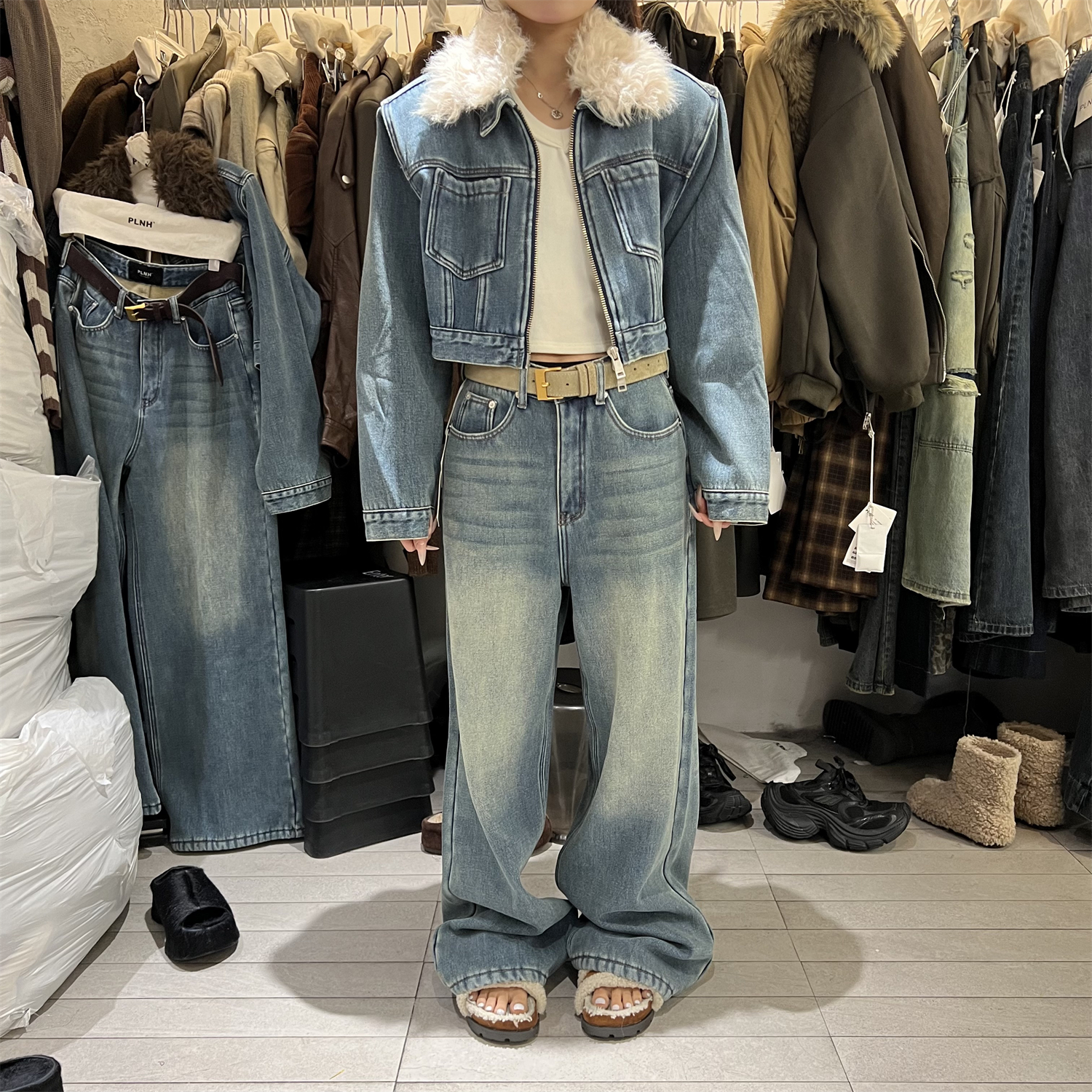 PLNH牛仔套装2025冬季新款设计感加绒牛仔短外套+牛仔裤两件套女