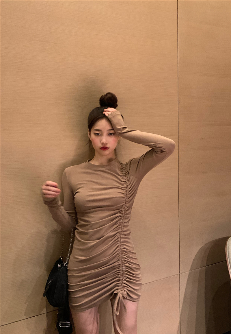 Real Price vintage slim drawstring versatile Long Sleeve Dress