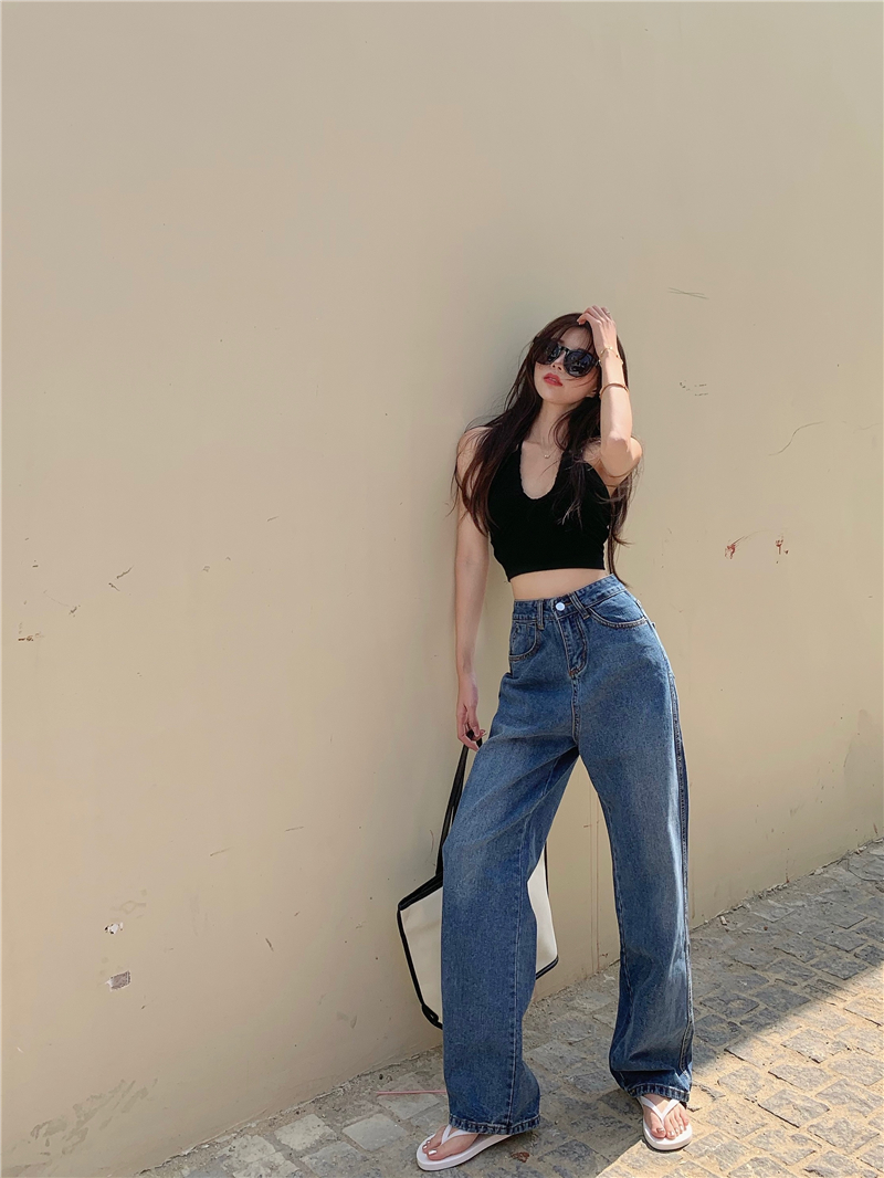 New spring retro wash jeans with high waist and thin straight tube and wide leg