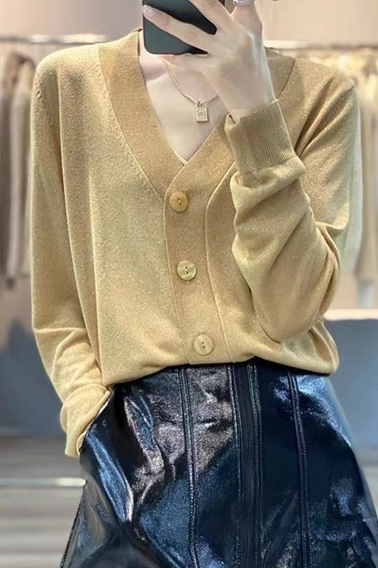 金丝羊毛针织开衫女V领宽松毛衣韩版复古短款外套春秋薄外搭上衣