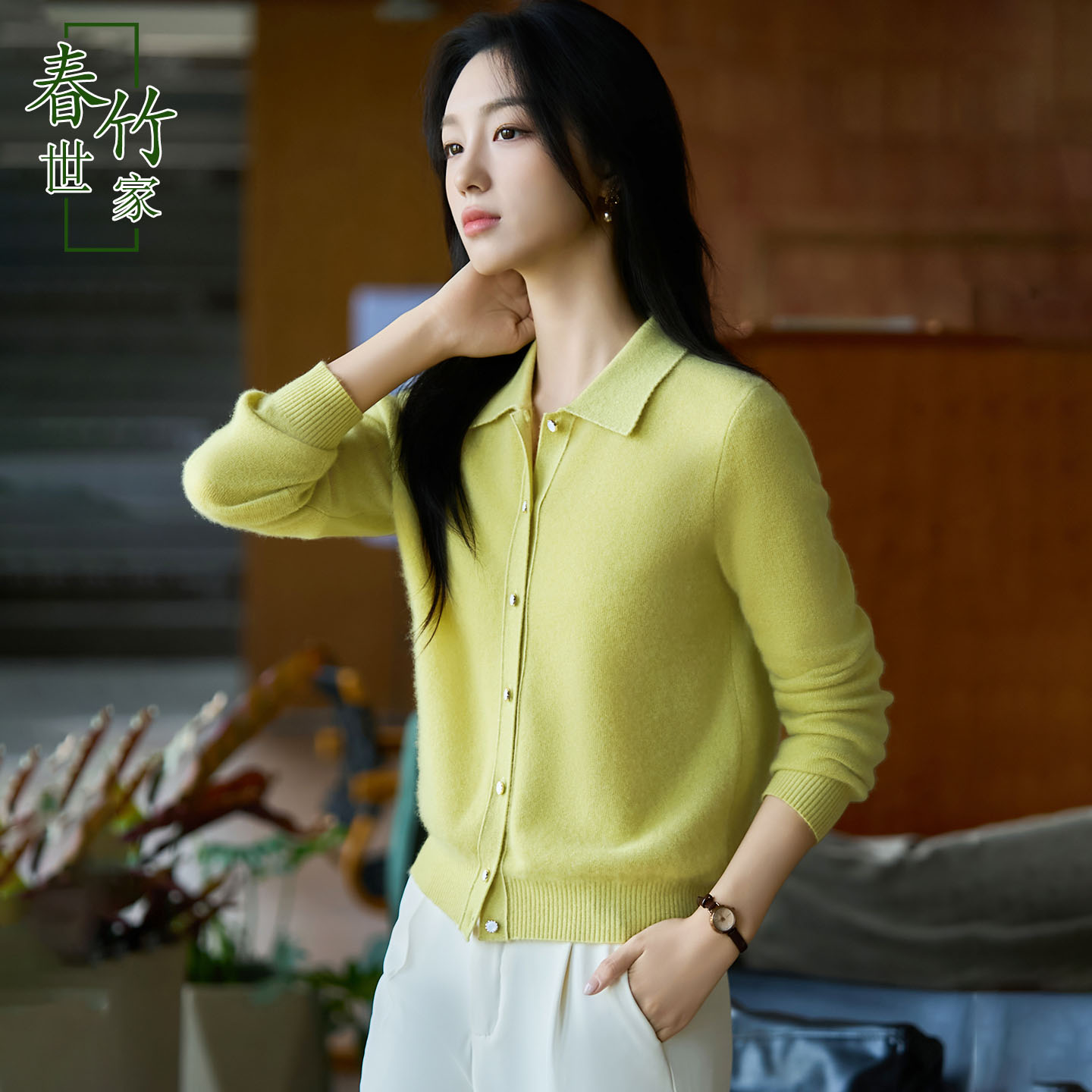 春竹世家超细羊毛金银丝POLO领开衫2025新款针织衫秋冬女外套毛衣