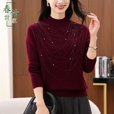 春竹半高领全羊毛套头女装针织衫