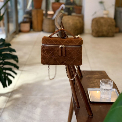 斜挎包棕色包包女款lp饭盒包麂皮包小香风包包秋冬包包磨砂皮女包