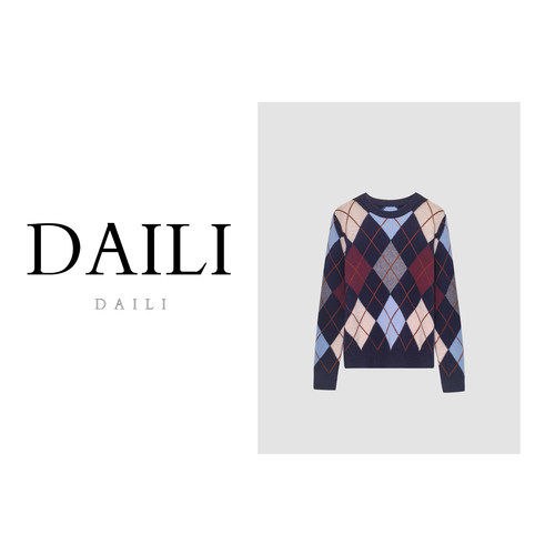 【呼呼专享】黛利新款时尚圆领拼色长袖菱格羊毛DLQYZG-51347