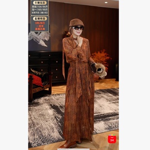 连衣裙女DL2509012 复古系带领印花长袖 黛利新款 法式