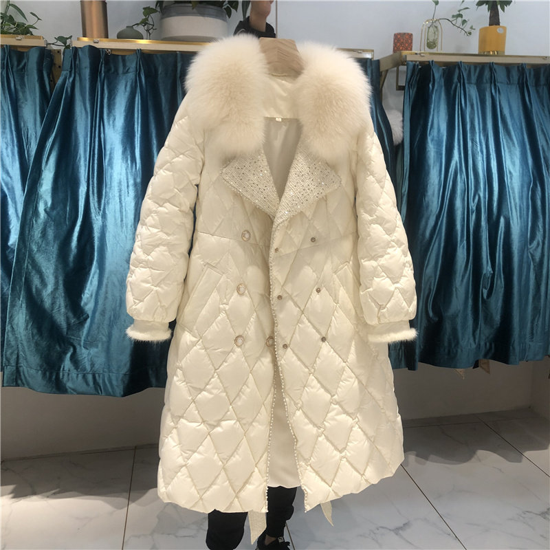 欧货2025冬季新品中长款狐狸毛领菱格显瘦羽绒服系腰带白鸭绒外套
