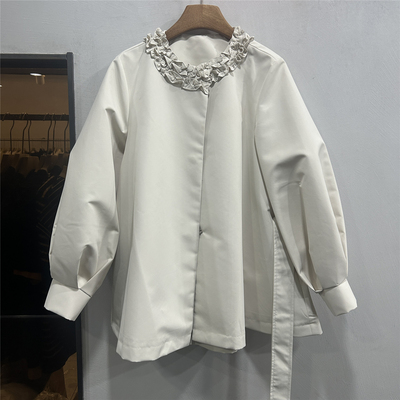 欧洲站欧货2026新款时尚灯笼袖外套女春季荷叶边领系腰带显瘦百搭