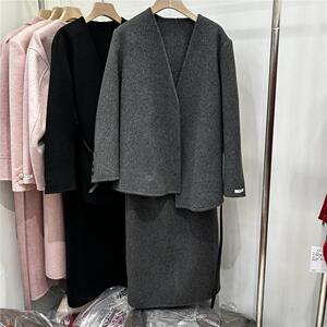 欧洲站欧货2024新款骆驼绒双面羊毛呢半身裙套装两件套细腰带显瘦