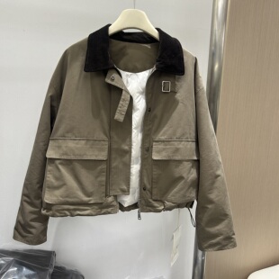 欧货2026冬装新款复古工装风保暖外套灯芯绒翻领短款羽绒服女6515
