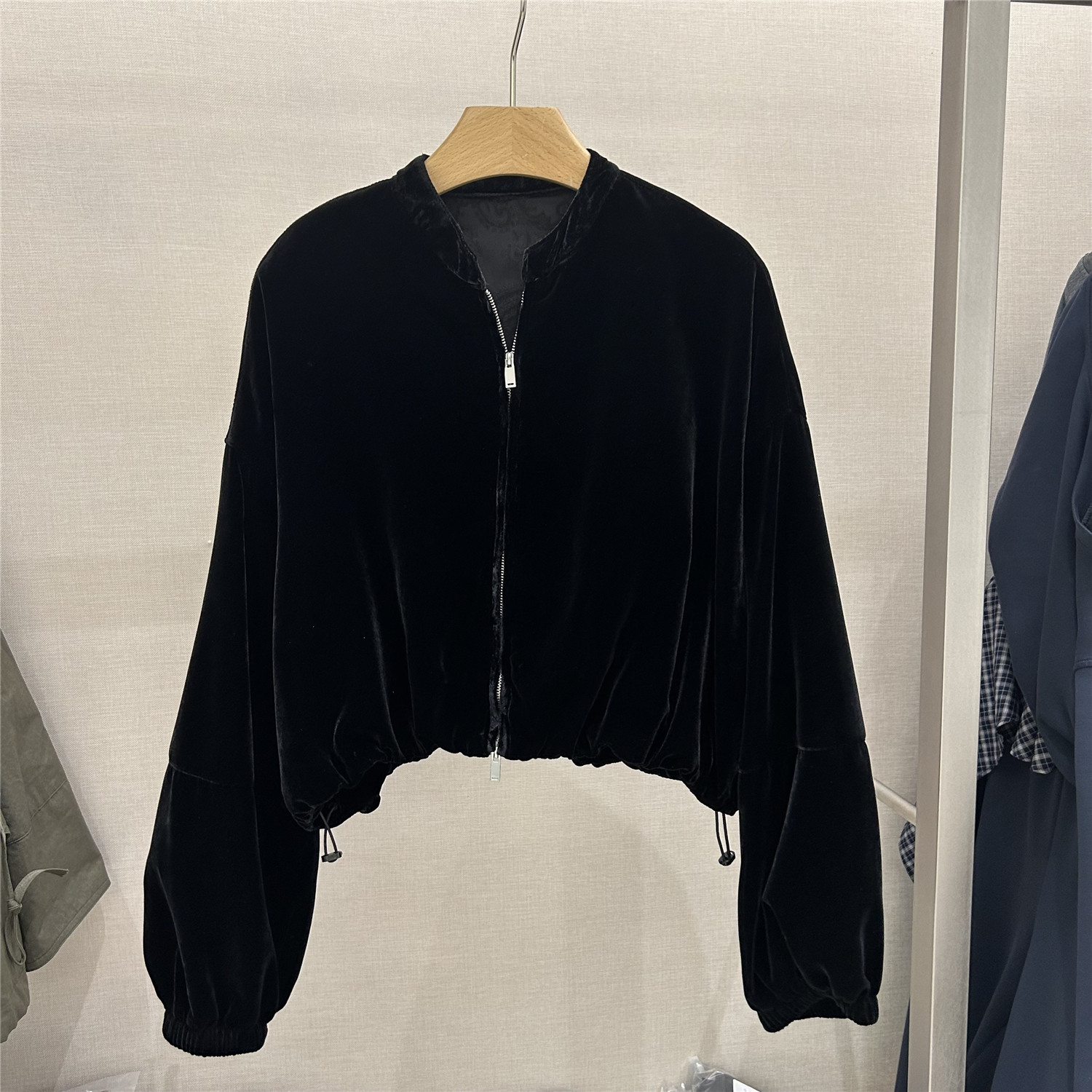 欧洲站欧货气质真丝丝绒立领短外套女拉链宽松百搭显瘦小个子夹克
