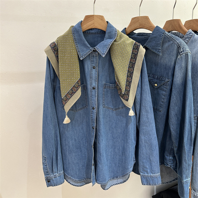 欧洲站欧货复古风印花披肩牛仔衬衫女长袖翻领休闲百搭上衣