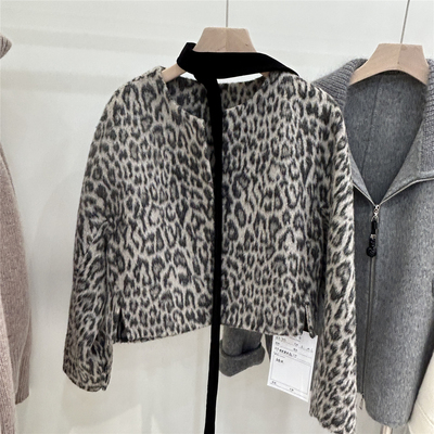 欧洲站2025秋季新款圆领飘带豹纹羊毛呢大衣短款女百搭气质外套