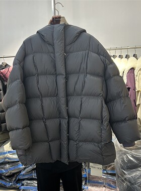 欧货2025冬装新连帽羽绒服后背织带宽松版中长款白鸭绒外套60535