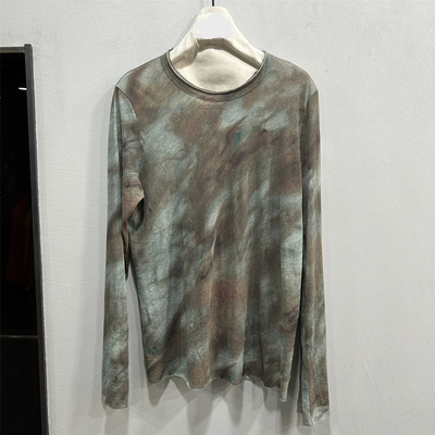 欧洲站欧货晕染印花长袖T恤女修身显瘦圆领微透上衣设计感打底衫