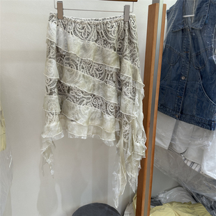 浪漫蕾丝风不规则荷叶边半身裙女高腰显瘦蛋糕裙设计感