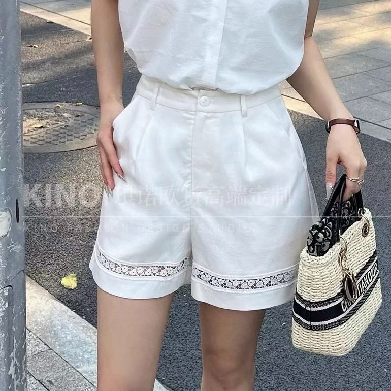 欧洲站2025夏季新款时尚高腰显瘦百搭休闲裤女蕾丝拼接设计短裤女