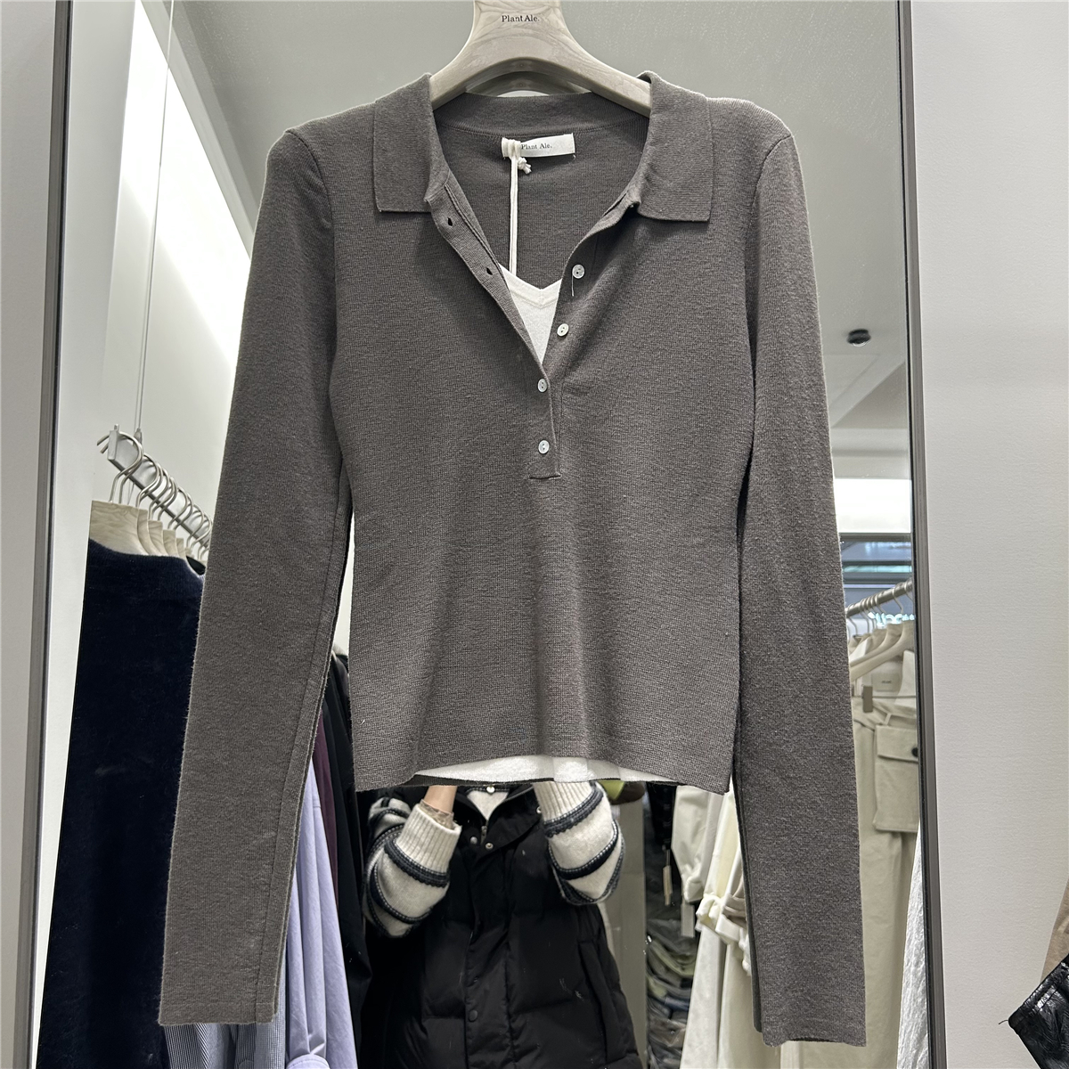 韩版2025秋季新翻领假两件羊毛针织衫修身显瘦plant长袖上衣6791