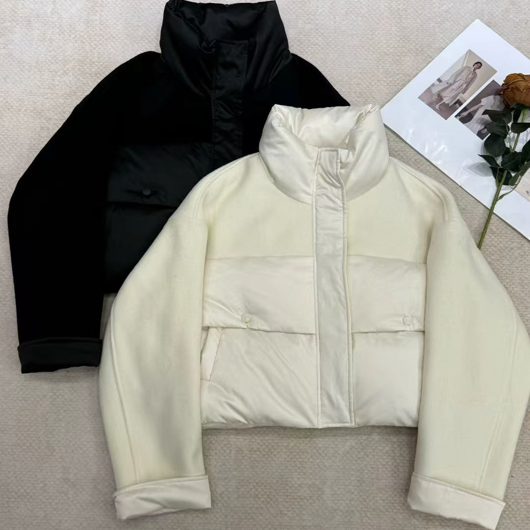 欧洲站欧货2025立领面包服羊绒羊毛拼接鹅绒羽绒服女短款时尚外套