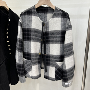 欧洲站欧货2025新款宽松显瘦洋气高级领口皮扣双面羊毛呢大衣外套