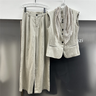 欧洲站2025新款时尚洋气无袖马甲阔腿裤亚麻两件套宽松显瘦套装女