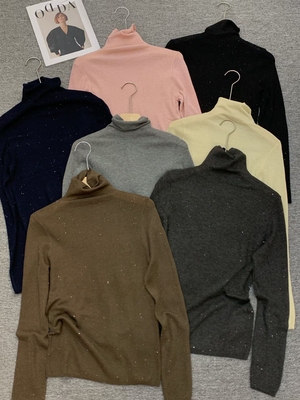 欧货2025秋冬新款半高领纯色钉钻羊毛针织衫女修身显瘦打底毛衣女