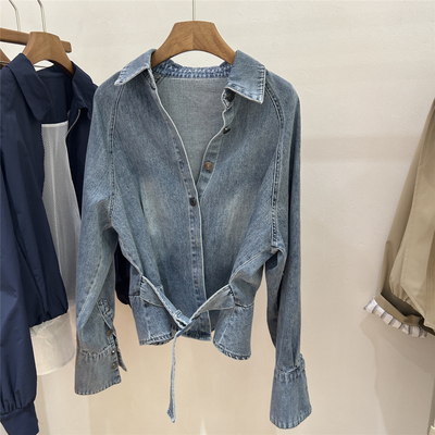 欧洲站欧货复古牛仔外套女春季收腰显瘦翻领腰带短外套高级感上衣