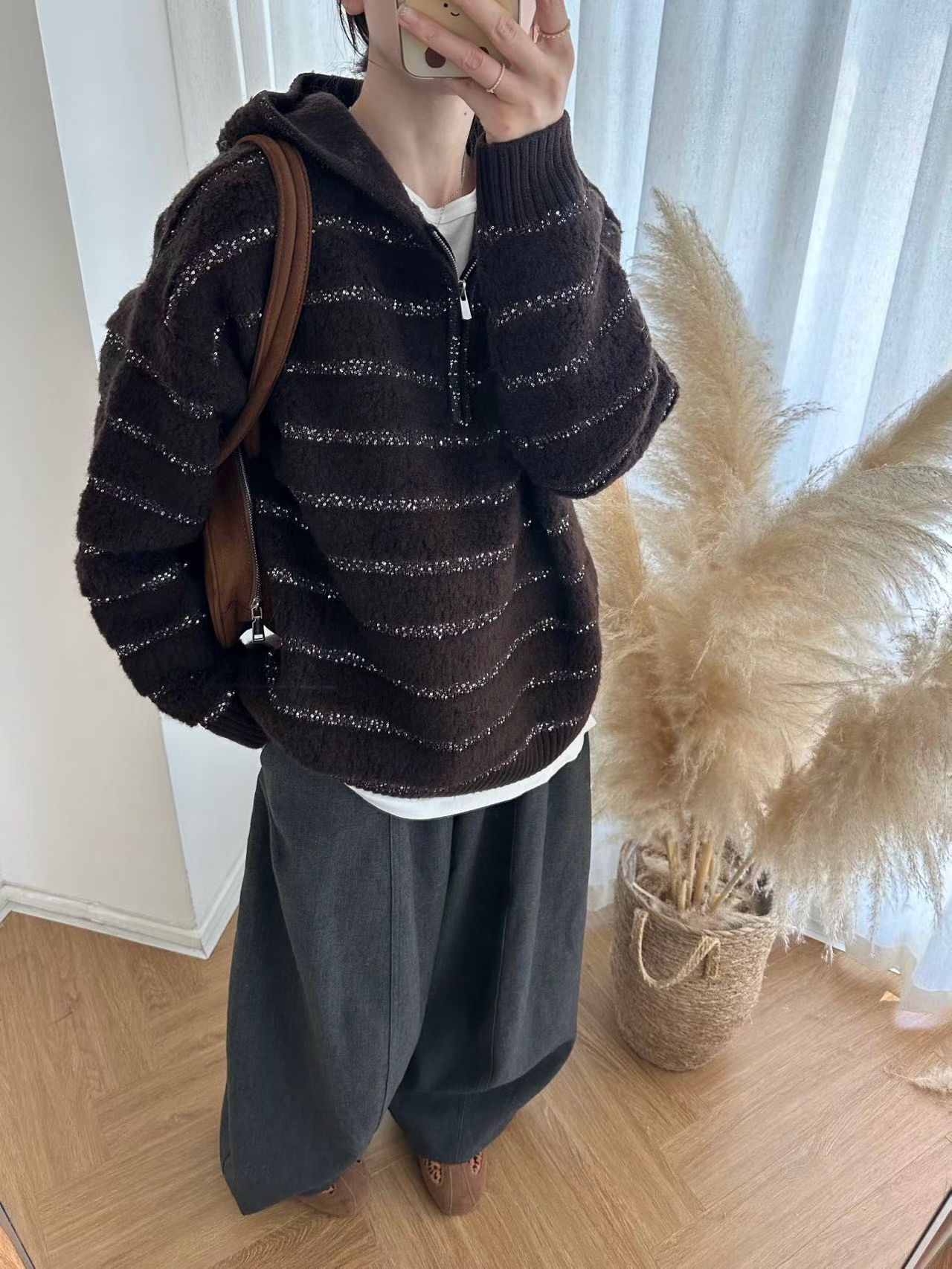 欧洲站秋冬新款2025欧货女装慵懒风宽松版亮片条纹加厚羊羔毛毛衣