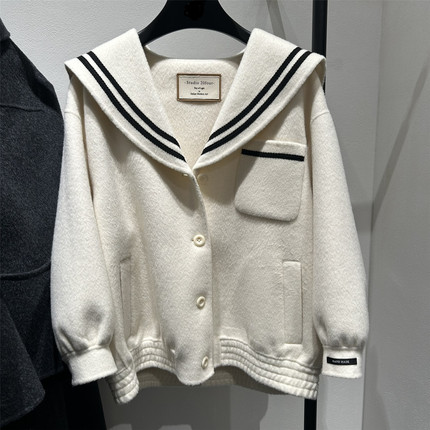 韩国原单Studio 20four韩系别致海军领学院风减龄双面羊绒大衣女