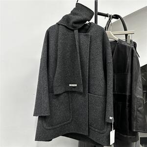 欧洲站欧货中长款大衣高级感韩版休闲女宽松围巾款斗篷羊毛呢外套