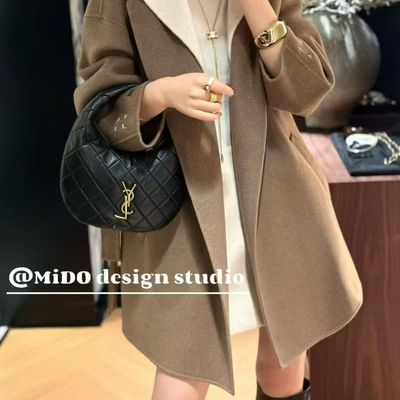 欧洲站2025新款双面羊绒大衣女宽松百搭中长款连帽羊毛呢外套女装